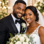Pareja de novios negros sonriendo en una boda elegante, bien enfocados y rodeados de flores blancas y luces cálidas.