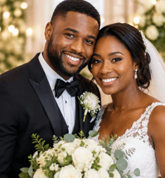 Pareja de novios negros sonriendo en una boda elegante, bien enfocados y rodeados de flores blancas y luces cálidas.