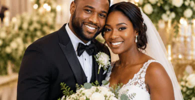 Pareja de novios negros sonriendo en una boda elegante, bien enfocados y rodeados de flores blancas y luces cálidas.