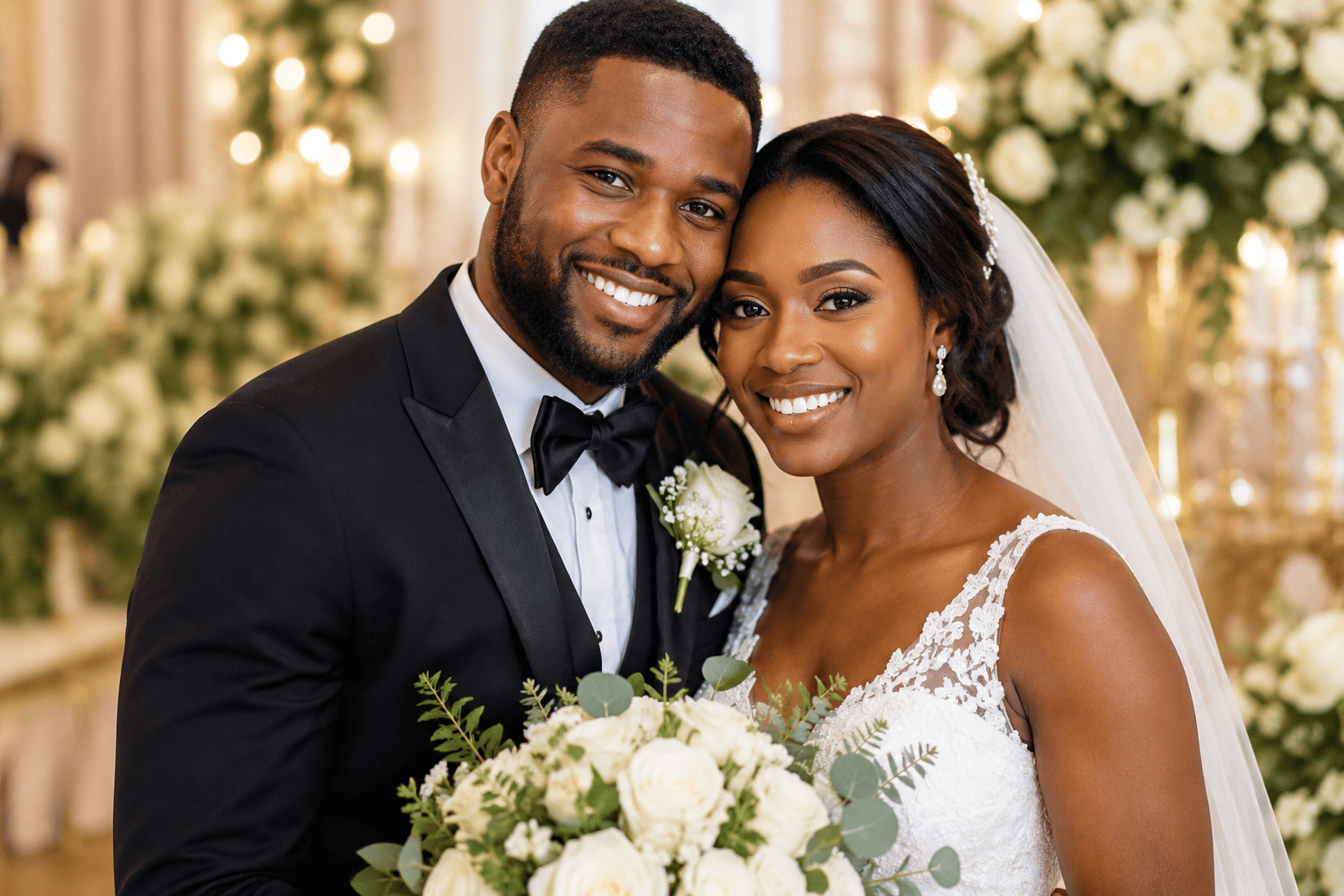 Pareja de novios negros sonriendo en una boda elegante, bien enfocados y rodeados de flores blancas y luces cálidas.