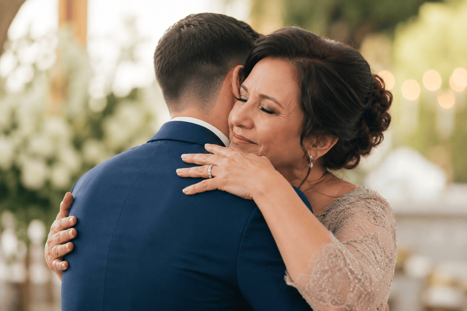 Madre abrazando emocionada a su hijo el día de su boda, en una escena cálida y familiar llena de orgullo y ternura.