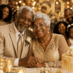 Abuelos de piel negra celebrando sus bodas de oro rodeados de hijos y nietos en una fiesta familiar elegante con decoración dorada.