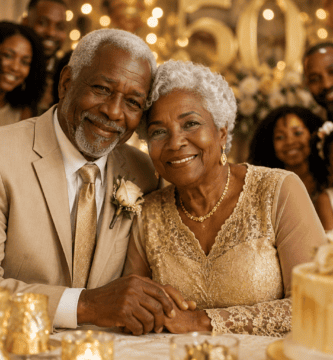 Abuelos de piel negra celebrando sus bodas de oro rodeados de hijos y nietos en una fiesta familiar elegante con decoración dorada.