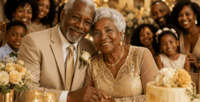 Abuelos de piel negra celebrando sus bodas de oro rodeados de hijos y nietos en una fiesta familiar elegante con decoración dorada.
