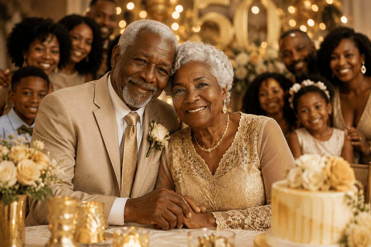 Abuelos de piel negra celebrando sus bodas de oro rodeados de hijos y nietos en una fiesta familiar elegante con decoración dorada.
