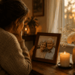 Persona recordando a sus padres fallecidos junto a una fotografía familiar, una vela encendida y flores en una mesa