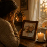 Persona recordando a sus padres fallecidos junto a una fotografía familiar, una vela encendida y flores en una mesa