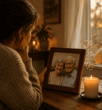 Persona recordando a sus padres fallecidos junto a una fotografía familiar, una vela encendida y flores en una mesa