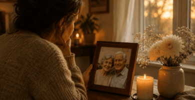 Persona recordando a sus padres fallecidos junto a una fotografía familiar, una vela encendida y flores en una mesa