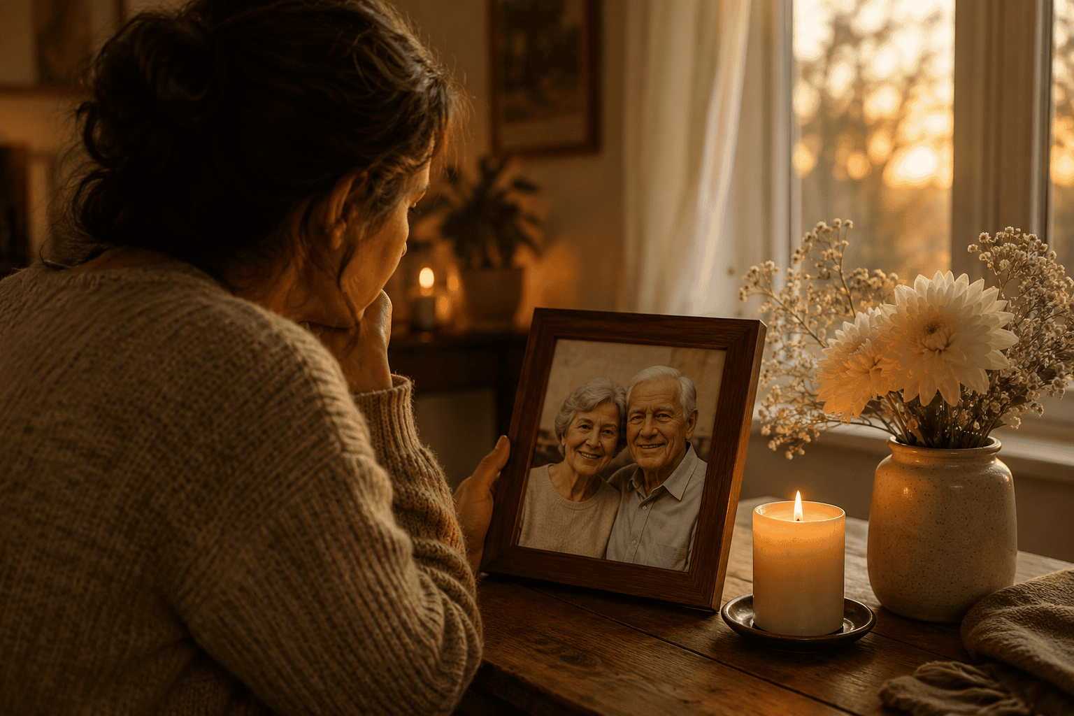 Persona recordando a sus padres fallecidos junto a una fotografía familiar, una vela encendida y flores en una mesa