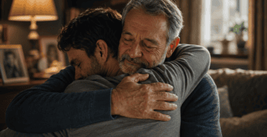 Padre e hijo adulto abrazándose con emoción en un hogar cálido