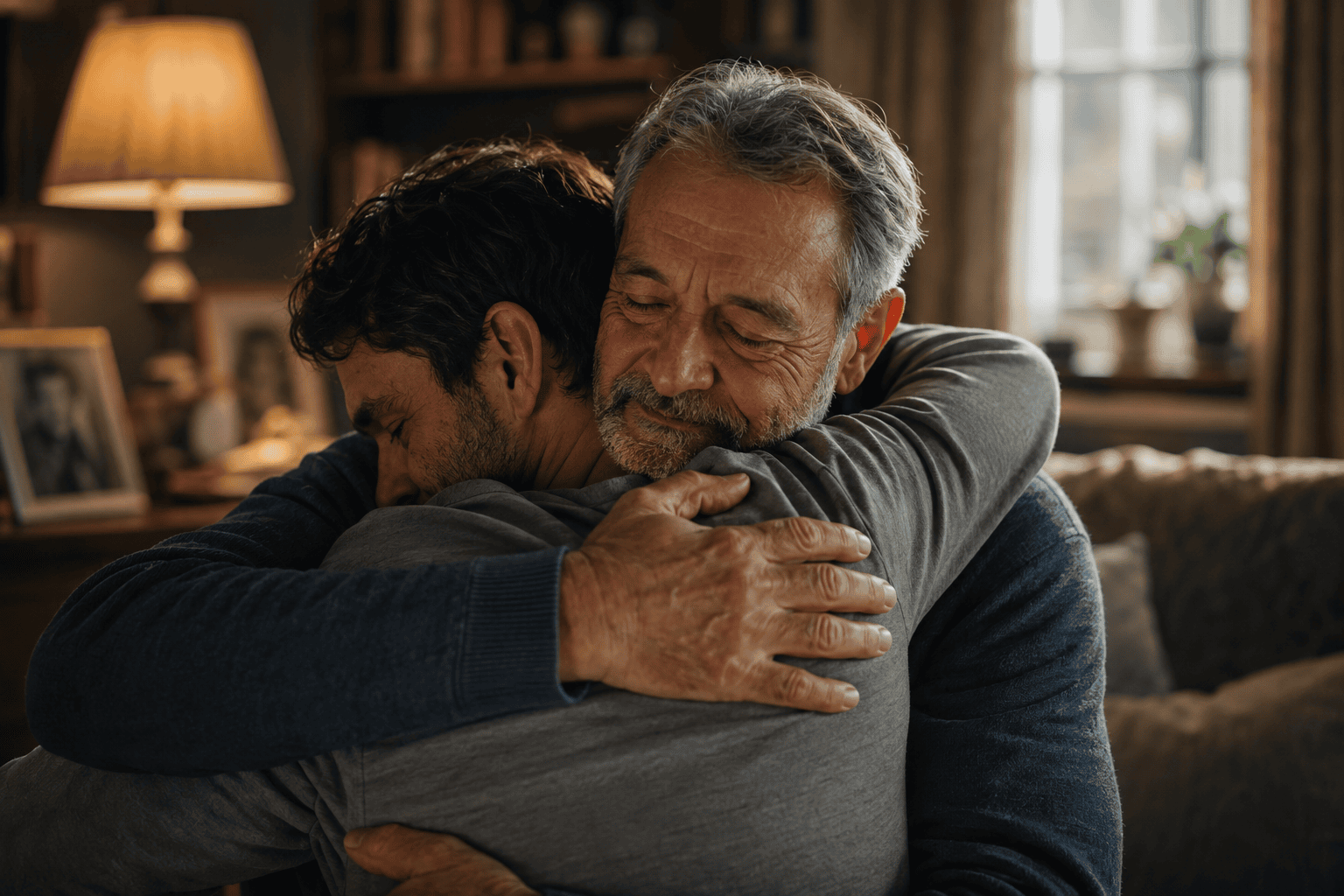 Padre e hijo adulto abrazándose con emoción en un hogar cálido