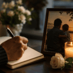 Mano escribiendo en un cuaderno junto a una foto de papá con su hijo, vela encendida y flores para recordar a papá fallecido en su cumpleaños