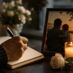 Mano escribiendo en un cuaderno junto a una foto de papá con su hijo, vela encendida y flores para recordar a papá fallecido en su cumpleaños