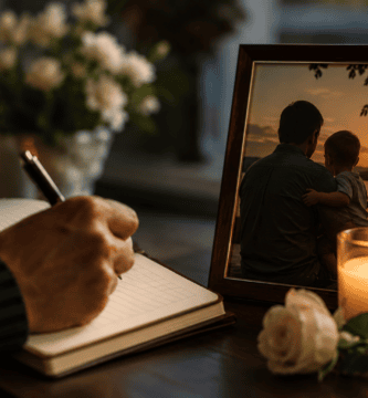 Mano escribiendo en un cuaderno junto a una foto de papá con su hijo, vela encendida y flores para recordar a papá fallecido en su cumpleaños