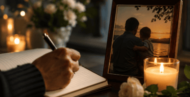 Mano escribiendo en un cuaderno junto a una foto de papá con su hijo, vela encendida y flores para recordar a papá fallecido en su cumpleaños