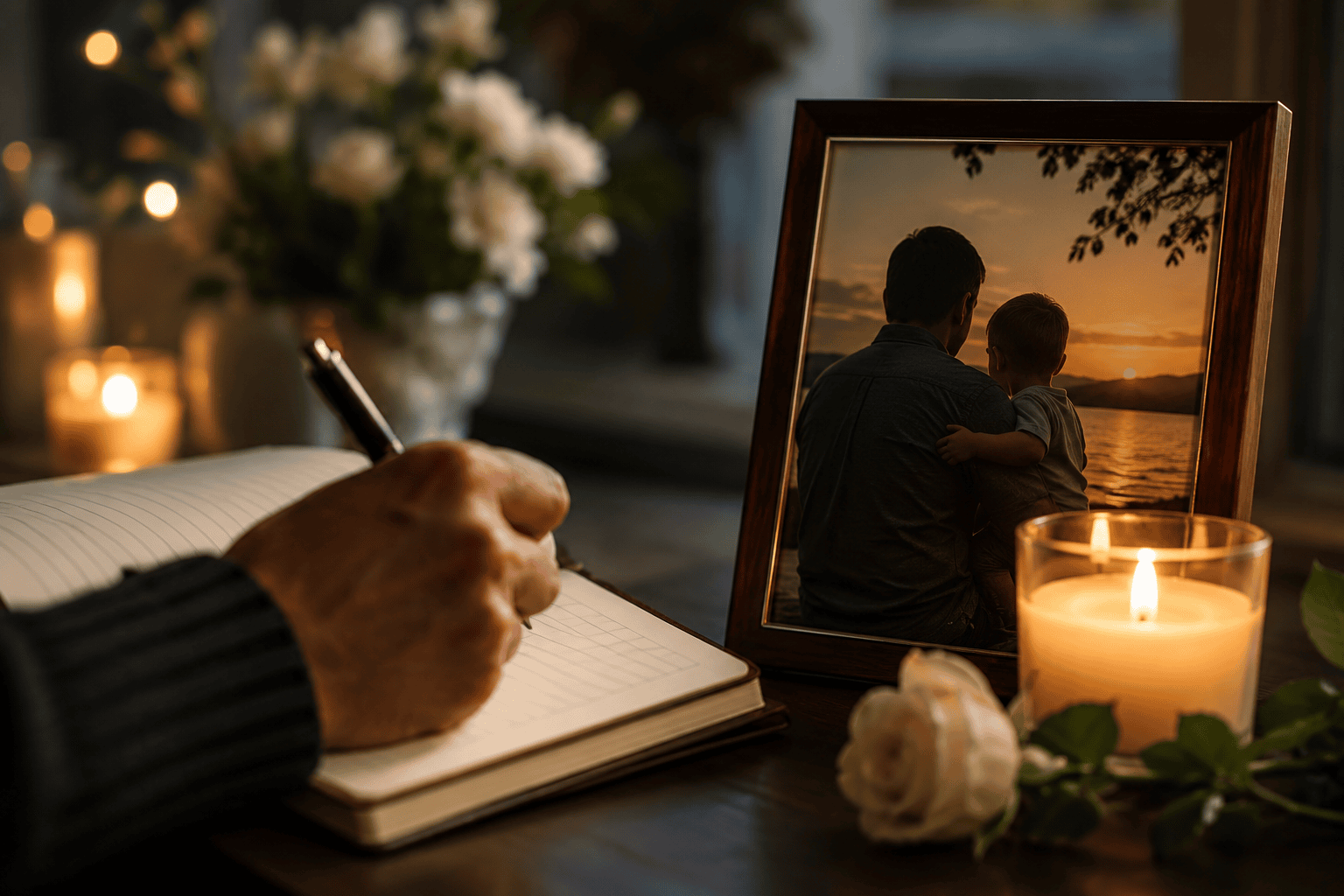 Mano escribiendo en un cuaderno junto a una foto de papá con su hijo, vela encendida y flores para recordar a papá fallecido en su cumpleaños