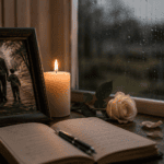 Foto de papá fallecido junto a una vela encendida, una rosa blanca y un cuaderno abierto en una ventana con lluvia
