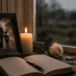 Foto de papá fallecido junto a una vela encendida, una rosa blanca y un cuaderno abierto en una ventana con lluvia