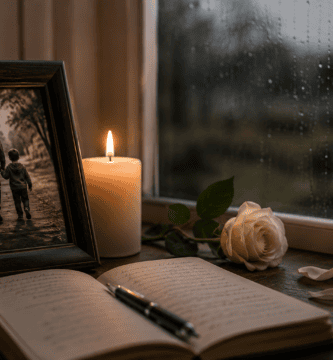 Foto de papá fallecido junto a una vela encendida, una rosa blanca y un cuaderno abierto en una ventana con lluvia