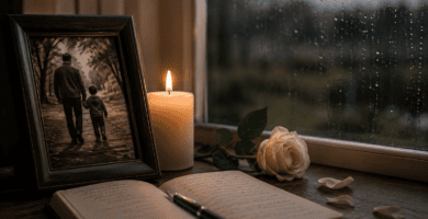 Foto de papá fallecido junto a una vela encendida, una rosa blanca y un cuaderno abierto en una ventana con lluvia