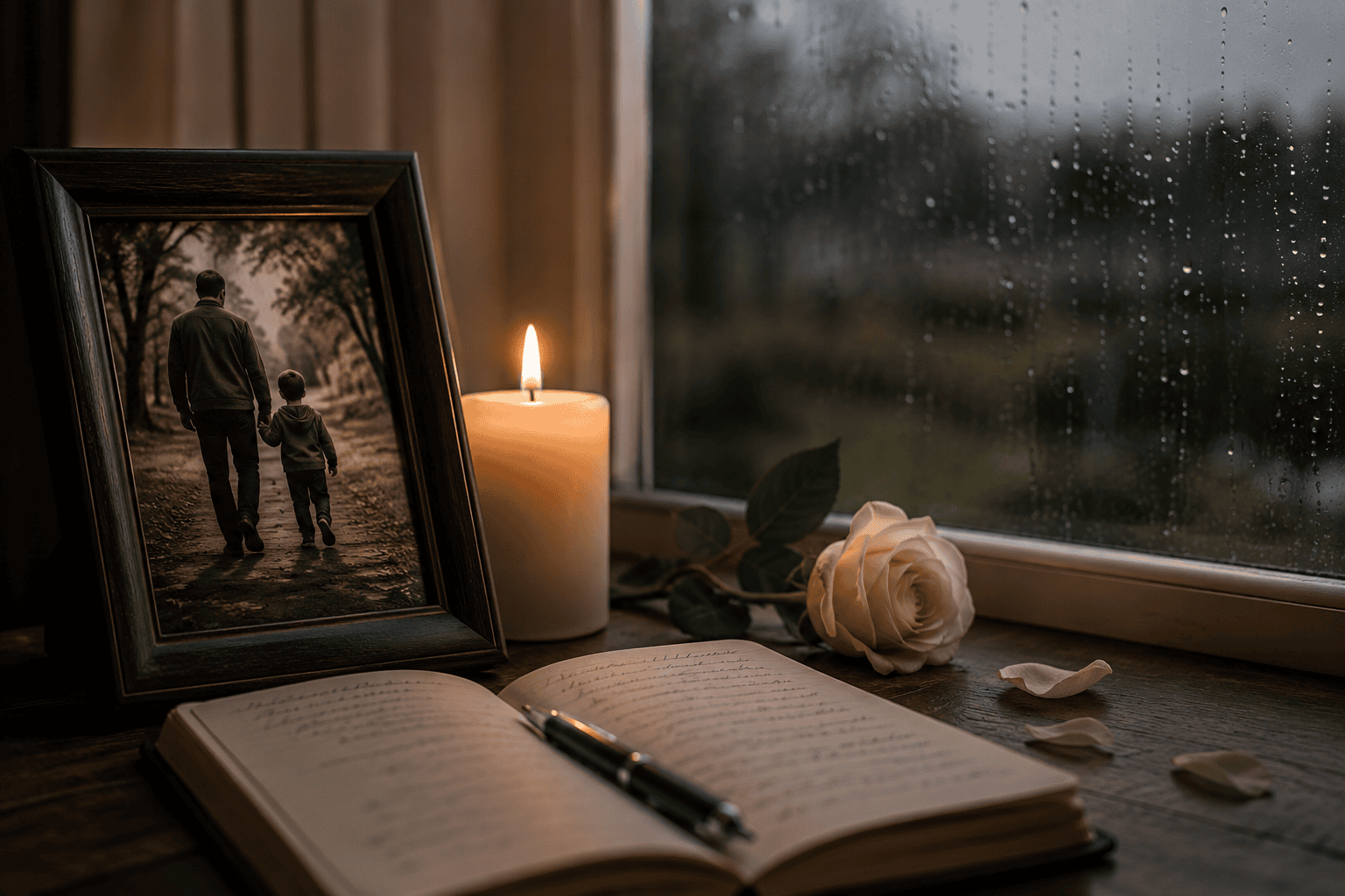 Foto de papá fallecido junto a una vela encendida, una rosa blanca y un cuaderno abierto en una ventana con lluvia
