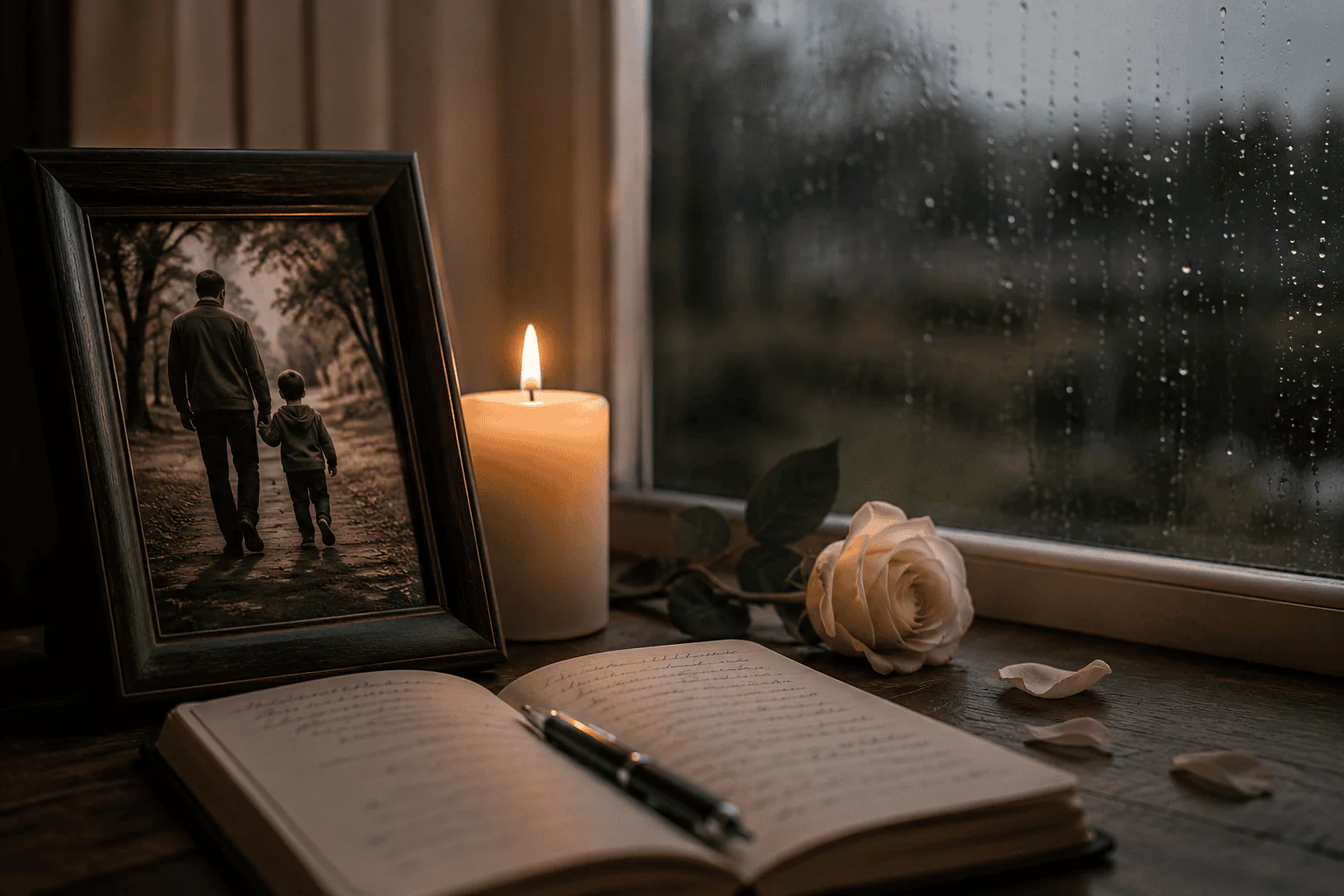 Foto de papá fallecido junto a una vela encendida, una rosa blanca y un cuaderno abierto en una ventana con lluvia