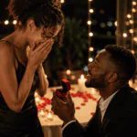 Hombre negro pidiendo matrimonio con un anillo a una mujer emocionada, en una escena romántica con velas, rosas y luces cálidas.