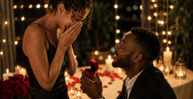 Hombre negro pidiendo matrimonio con un anillo a una mujer emocionada, en una escena romántica con velas, rosas y luces cálidas.