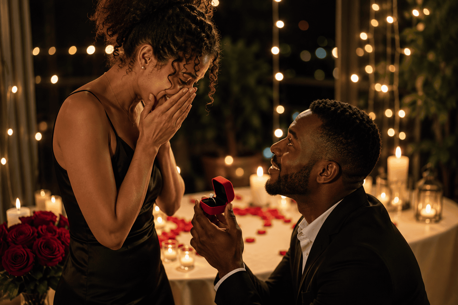 Hombre negro pidiendo matrimonio con un anillo a una mujer emocionada, en una escena romántica con velas, rosas y luces cálidas.