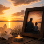 Fotografía enmarcada de un padre y su hijo junto a una vela y flores al atardecer para recordar a un padre muerto