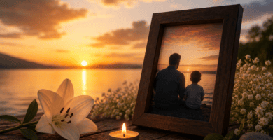 Fotografía enmarcada de un padre y su hijo junto a una vela y flores al atardecer para recordar a un padre muerto