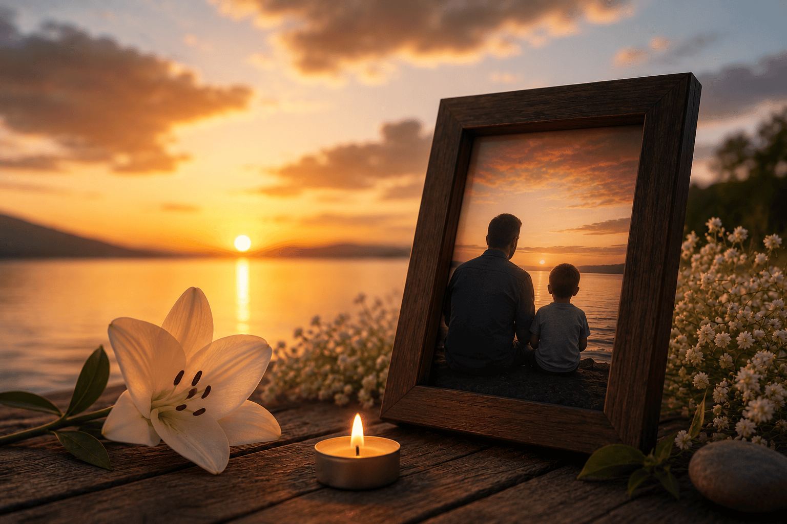 Fotografía enmarcada de un padre y su hijo junto a una vela y flores al atardecer para recordar a un padre muerto