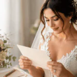 Novia leyendo una carta emotiva el día de su boda, con vestido de encaje, flores suaves y luz natural romántica.