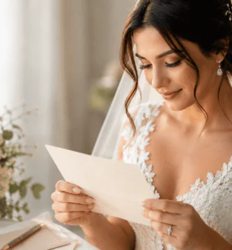 Novia leyendo una carta emotiva el día de su boda, con vestido de encaje, flores suaves y luz natural romántica.