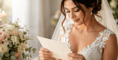 Novia leyendo una carta emotiva el día de su boda, con vestido de encaje, flores suaves y luz natural romántica.