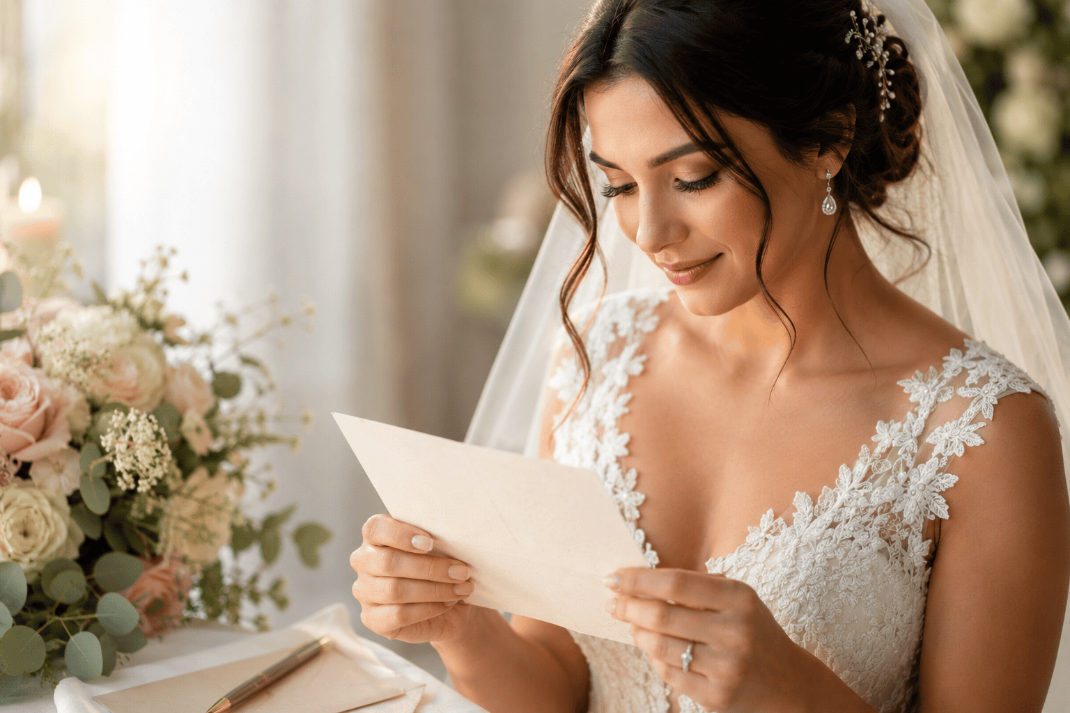 Novia leyendo una carta emotiva el día de su boda, con vestido de encaje, flores suaves y luz natural romántica.