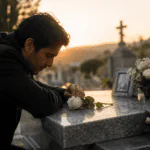 Hombre apoyado sobre la tumba de su papá con una rosa blanca y flores al atardecer en el cementerio