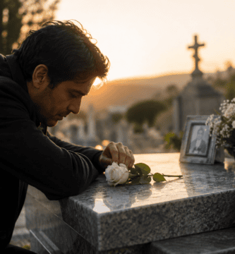 Hombre apoyado sobre la tumba de su papá con una rosa blanca y flores al atardecer en el cementerio