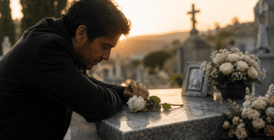 Hombre apoyado sobre la tumba de su papá con una rosa blanca y flores al atardecer en el cementerio