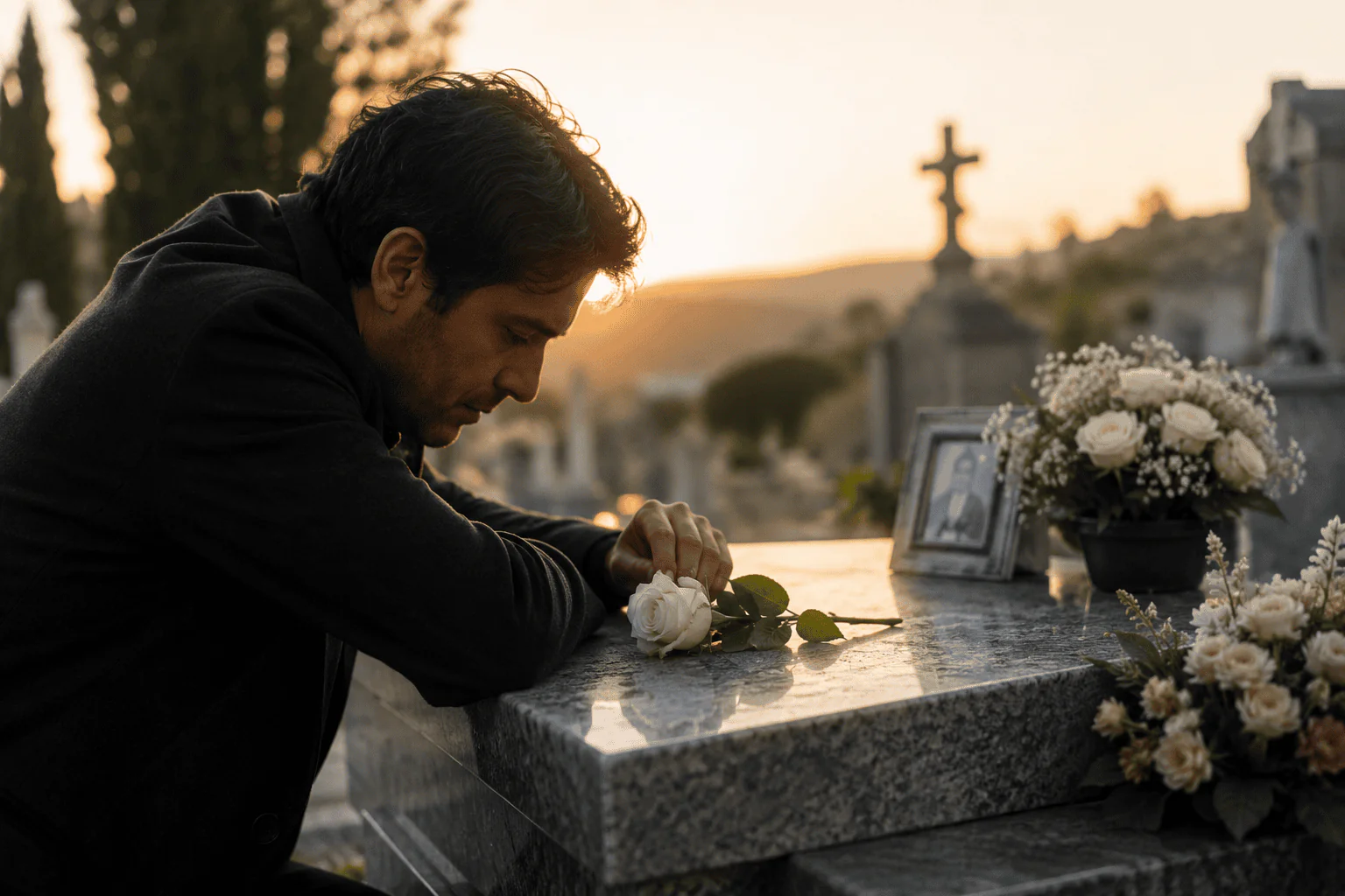 Hombre apoyado sobre la tumba de su papá con una rosa blanca y flores al atardecer en el cementerio