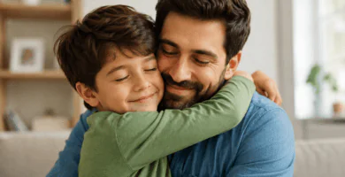 Padre abrazando a su hijo en casa, imagen emotiva para rimas cortas para papá