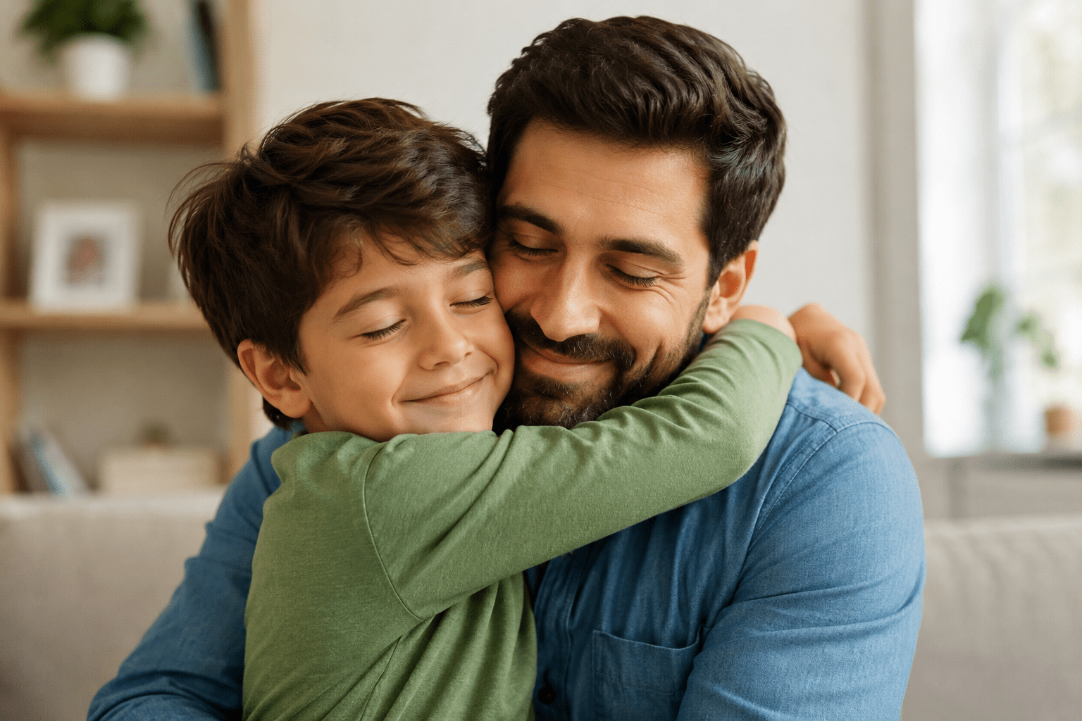 Padre abrazando a su hijo en casa, imagen emotiva para rimas cortas para papá