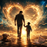 Padre e hijo caminando de la mano hacia un corazón luminoso rodeado de papeles y luz dorada, símbolo de amor y rimas para papá.