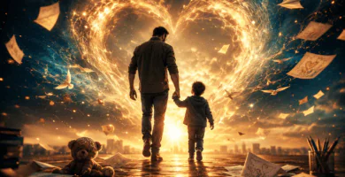 Padre e hijo caminando de la mano hacia un corazón luminoso rodeado de papeles y luz dorada, símbolo de amor y rimas para papá.