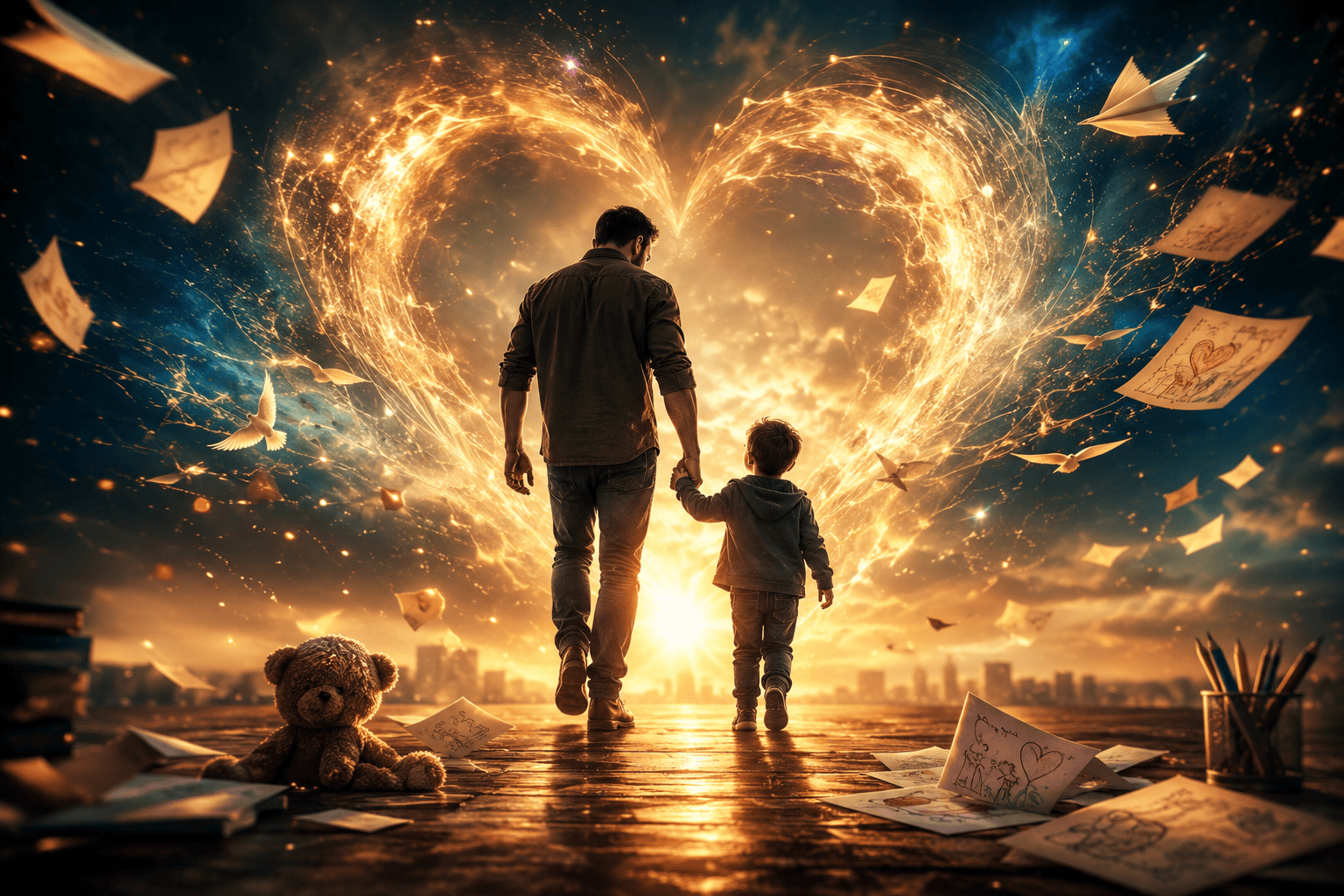 Padre e hijo caminando de la mano hacia un corazón luminoso rodeado de papeles y luz dorada, símbolo de amor y rimas para papá.