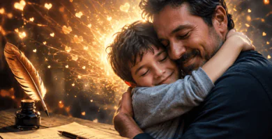 Padre abrazando a su hijo en una escena cálida y emotiva con luz dorada, pluma y papel, ideal para versos bonitos para papá