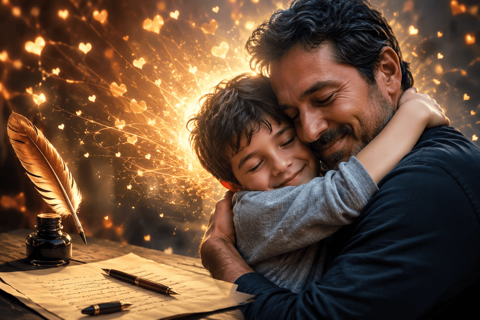 Padre abrazando a su hijo en una escena cálida y emotiva con luz dorada, pluma y papel, ideal para versos bonitos para papá