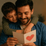 Niño abrazando a su papá mientras ambos observan una tarjeta con un corazón en una sala cálida.
