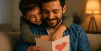 Niño abrazando a su papá mientras ambos observan una tarjeta con un corazón en una sala cálida.
